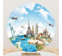 Yeele 6.5x6.5ft Global Travel Round Backdrop World Map Famous Landmark Airplane Around The World Photography Background for Wedding Birthday Travel Theme Party Decoration Photo Shoot Prop