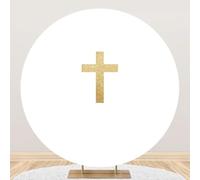 Yeele 6.5x6.5ft Gold Cross God Bless Round Backdrop Gold Glitter Jesus Crucifix Christian Baby Shower Photography Background for Newborn Baby Shower Baptism Event Supplies Decor Photo Shoot Props