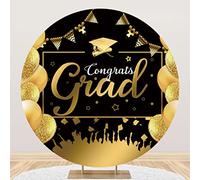 Yeele 7.2x7.2ft Congrats Grad Round Backdrop Golden Balloons Banner Stars Black and Gold Theme Circle Background for Congratulate Graduation Prom Party Portrait Photo Shoot Props Polyester