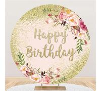 Yeele 7.2x7.2ft Floral Happy Birthday Round Backdrop Pink Flowers Green Glittering Polyester Photography Background for Woman Girl 16th 21st 30th Birthday Party Supplies Decor Photo Shoot Props