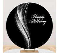 Yeele 7.2x7.2ft Happy Birthday Round Backdrop Black and Silver Abstract Wave Glitter Circle Photography Background for Kids Adults Birthday Party Supplies Cake Table Decor Photo Shoot Prop