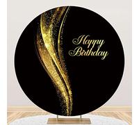 Yeele 7.2x7.2ft Happy Birthday Round Backdrop Gold Wave Glitter Black and Gold Circle Photography Background for Kid Adult Woman Man Birthday Party Supplies Decor Photo Shoot Props Polyester