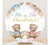 Yeele 7.2x7.2ft He or She Gender Reveal Round Backdrop Boho Style Floral Blue and Pink Flower Bear What Will Baby Be Photography Background for Baby Shower Gender Reveal Party Decor Photo Shoot Prop