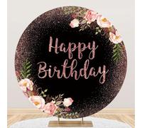 Yeele 7.2x7.2ft Pink Floral Happy Birthday Round Backdrop Rose Gold Glitter Pink Flower Black Circle Photography Background for Sweet Girl Birthday Party Cake Table Decor Photo Shoot Props