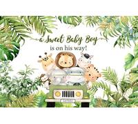 Yeele 7x5ft Boy Safari Baby Shower Backdrop for Photography Jungle Animals Green Car Tropical Leaves A Sweet Baby Boy is on His Way Background Baby Shower Party Decor Banner Cake Table Supplies