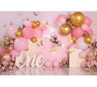 Yeele 7x5ft First Birthday Backdrop for Girl Pink 1st One Year Old First Birthday Party Background for Photography Cake Smash Rose Balloons Butterfly Decor Photo Shoot Booth Studio Props Vinyl