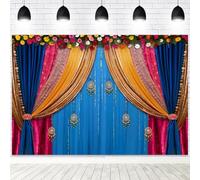 Yeele 7x5ft India Pooja Backdrop Diwali Marigold Blue Curtain Background for Photography Indian Ganpati Puja Traditional Wedding Festival Party Decoration Photo Booth Props