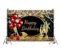 Yeele 7x5ft Red Gold Happy Birthday Backdrop Luxurious Red Balloons Diamond Gold High Heels Rose Champagne Glass Birthday Photo Background for Girl Woman Birthday Party Portrait Photo Shoot Props