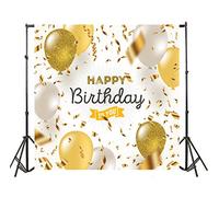 Yeele 8 x 8 ft Happy Birthday Backdrop Vinyl Golden Balloons Ribbon Streamers Congratulation Celebrate Birthday Party Photography Background for Baby Kid Girl Adult Portrait Photo Booth Studio Props