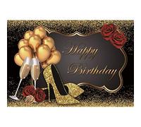Yeele 9x6ft Black Gold Happy Birthday Backdrop Red Rose Gold Glitter Balloons High Heels Champagne Glass Elegant Birthday Photo Background for Girl Lady Birthday Party Decor Photo Shoot Props