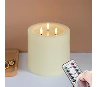 Yeelida 3-Wick 15 x15cm Large Flameless Pillar Candles with Remote Control and Timer Function,Ivory Battery Operated LED Flickering Real Wax 3D-Wick Candles for Home Decor(Long Lasting,Warm Fire)
