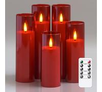 Yeelida Acrylic Flameless Flickering LED Candles with Remote Control and Timer, Battery Operated Fake 5.5cm x 12.5 15 17.5 20 20cm Plastic Pillar Candles for Home Decor(Long-Lasting, Red)