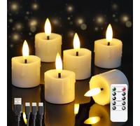 Yeelida Rechargeable Flameless 4cm x6.5cm Tea Light LED Candles with Remote & Type-C Charging Cable, Timer Flickering White Plastic 6pcs Mini Dripping Wax Votive Tealight Candles