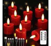 Yeelida Rechargeable Flameless 4cm x6.5cm Tea Light LED Candles with Remote & Type-C Charging Cable, Timer Flickering Burgundy Plastic 9pcs Mini Dripping Wax Votive Tealight Candles