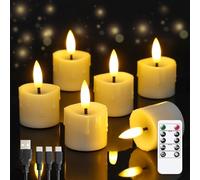 Yeelida Rechargeable Flameless 4cm x6.5cm Tea Light LED Candles with Remote & Type-C Charging Cable, Timer Flickering Ivory Plastic 6pcs Mini Dripping Wax Votive Tealight Candles