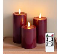 Yeelida Remote Flameless Flickering Pillar Candles with Candle Grease Effect,Pack of 3 Burgundy LED Battery Oprated 2/4/6/8 Hours Timer Real Wax Electric Candles(7.5x10,12.5,15 cm)