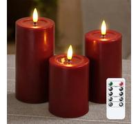 Yeelida Remote Flameless Flickering Pillar Candles with Candle Grease Effect,Pack of 3 Burgundy LED Battery Oprated 2/4/6/8 Hours Timer Real Wax Electric Candles(7.5x10,12.5,15 cm)