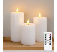 Yeelida Remote Flameless Flickering Pillar Candles with Candle Grease Effect,Pack of 3 White LED Battery Oprated 2/4/6/8 Hours Timer Real Wax Electric Candles(7.5x10,12.5,15 cm)