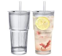 Yeelua 550ML Glass Tumblers with Lids & Straws, 2 Pack Ribbed Drinking Jars for Iced Coffee, Cocktails, Smoothies & Tea, Leakproof & Reusable