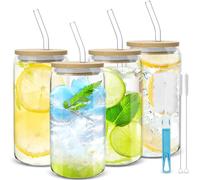 Yeelua Drinking Glasses, 4pcs Drinking Cups with Bamboo Lids and Glass Straw, 550ml Can Shaped Beer Glasses, Iced Coffee Glasses Cups, Glass Tumbler for Beer, Tea, Soda, Cocktail, Smoothie