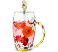 Yeelua Tea Cup, Handmade Enamel Butterfly Flower Glass Coffee Mug with Spoon, 330ml Tea Cup for Women Birthday,Mother's Day,Anniversary (Golden-high)