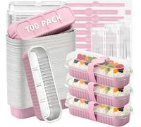 YEENAIV 100 Pack Mini Cake Pan, Mini Loaf Tins Cake Cases With Lids And Spoons Small Cakes Tin, Disposable Aluminum Tin Foil Pans for Cake Wedding Birthday Baking Party Picnics Holidays (Pink, Oblong)