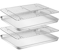 YEENAIV Baking Sheet with Wire Rack Set Stainless Steel Baking Trays, Stainless Steel Cookie Pan Baking Tray with Cooling Rack for Roasting/Cooking/Drying (2 Sheets+2 Racks)