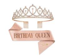 Yeenao Birthday Queen Sash & Crystal Crown Set - Glitter Champagne Tiara + Adjustable Sash for Women's 30th/40th Parties, Hen Dos & Girls' Celebrations (Alloy/Satin)