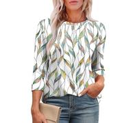 Yeenily Women's Blouse 3/4 Long Sleeve Tunic Elegant Leisure Blouse Shirt Casual Fashion Shirt Round Neck Top Tops, A-leaf print, M