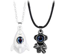 yeeplant 2PCS Couple Necklace Set, Rocket Astronaut Pendant Necklace with 100 Languages Charm