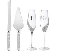 yeeplant 4 Pcs Cake Knife and Champagne Flutes Set, Silver Rhinestone Mr&Mrs Wedding Toasting Flutes, Elegant Cup Cake Cutter Server Kit for Anniversary, Engagement, Bridal Shower