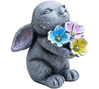 yeeplant Gray Rabbit Holding Flower Solar Light, Cute Bunny Garden Decor, Waterproof Resin Figurine, 7.1X4X7.6 In Animal Ornament, Balcony, Yard, Patio, Housewarming Presents