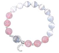 yeeplant Rose Quartz Bracelet with Cat's Eye Stones and 925 Sterling Silver Crescent Moon Charm, 5.9in Length, Feminine Accessory