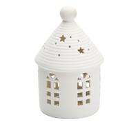 Yeerockal Keramic Xmas Decorative House with LED Bulb, 14 cm Height, LED 2 x LR44 Batteries Included, White Tea Light Holder, Xmas DIY Decoration (Style A)