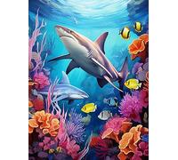 Yeerum 5D Diamond Painting by Numbers Kits for Adults Sharks Round Full Drill, DIY Diamond Art Animal Kits for Beginner Embroidery Cross Stitch Arts Crafts Home Decoration 30x40cm
