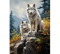 Yeerum 5D Diamond Painting by Numbers Kits for Adults Wolf Round Full Drill, DIY Diamond Art Animal Kits for Beginner Embroidery Cross Stitch Arts Crafts Home Decoration 30x40cm
