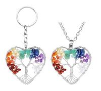 Yeesabella Tree of Life Keyring and Necklace, 7 Chakra Healing Crystal Tumbled Stone Pendant,Natural Gemstone Car Key Chain,Reiki Healing Keychain Necklace for Friendship Women Men Girls Bikes Home
