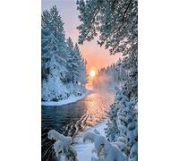 YEESAM ART 5D Diamond Painting Kits, Forest Sunset River Snow Landscape DIY Diamond Art Mosaic Cross Stitch Kit