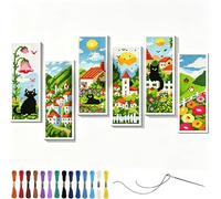YEESAM ART 6 Pack Cross Stitch Bookmarks Kits Pre Printed for Adults & Beginners The Countryside and Cats, 11ct DIY Stamped Cross-Stitch Embroidery Bookmark Making Kit for Gift 47x28cm