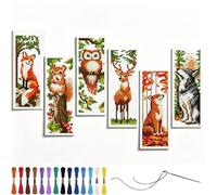 YEESAM Art 6 Pack Cross Stitch Bookmarks Kits Pre Printed for Adults & Beginners Whispers in the Woods, 11ct DIY Stamped Cross-Stitch Embroidery Bookmark Making Kit for Gift 47x28cm