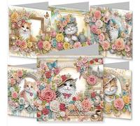 YEESAM ART 6pcs Diamond Art Cards Kits Flower-Framed Cat Chatter, DIY Crystal Painting Art Greeting Cards Sets with Diamond Painting Tools Envelopes Xmas Anniversary Mosaic Festival Craft Gift