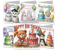 YEESAM ART 6pcs Diamond Art Cards Kits Little Animals' Birthday Bash, DIY Crystal Painting Art Greeting Cards Sets with Diamond Painting Tools Envelopes Xmas Anniversary Mosaic Festival Craft Gift