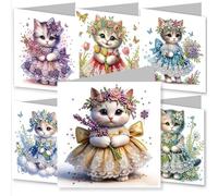 YEESAM ART 6pcs Diamond Art Good Luck Cards Kits Spring Sweet Cat, DIY Crystal Painting Art Greeting Cards Sets with Diamond Painting Tools Envelopes Xmas Anniversary Mosaic Festival Craft Gift