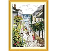 YEESAM ART Cross Stitch Kits for Adults Beginners Beach Town Pre Printed 11ct, DIY Stamped Embroidery Starter Kit Easy Sewing Set Home Decor