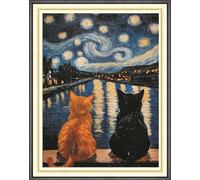 YEESAM ART Cross Stitch Kits for Adults Beginners Two Cats Under the Starry Sky Pre Printed 11ct, DIY Stamped Embroidery Starter Kit Easy Sewing Set Home Decor
