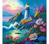 YEESAM ART Cross Stitch Kits Pre Printed, Lighthouse and Flowers by The Sea 11ct Stamped DIY Embroidery Kit 14.2x14.2 inch