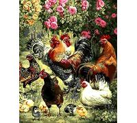 YEESAM Art DIY Paint by Numbers for Adults Beginner Kids, Chicken Rose Flowers Garden Animals 16x20 inch Linen Canvas Acrylic Stress Less Number Painting