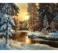 YEESAM ART DIY Paint by Numbers for Adults Beginner Kids, Forest Winter, Sunset Cottage House, Cedar Tree 16x20 inch Linen Canvas Acrylic Stress Less Number Painting Gifts (Forest, Without Frame)