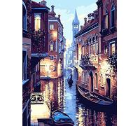 YEESAM ART DIY Paint by Numbers for Adults Beginner, Venice Water City Night View 16x20 inch Linen Canvas Acrylic Stress Less Number Painting Gifts (Without Frame, Night View)