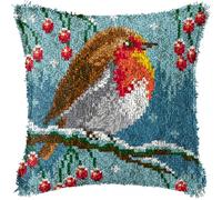 YEESAM ART Latch Hook Cushion Kits for Adults & Beginners, Robin Bird Redbreast Red Berries Snow Pre-Printed Latch Hooking Pillow Kit, DIY Embroidery Set Pillowcase for Home Sofa Decor Idea (Robin)